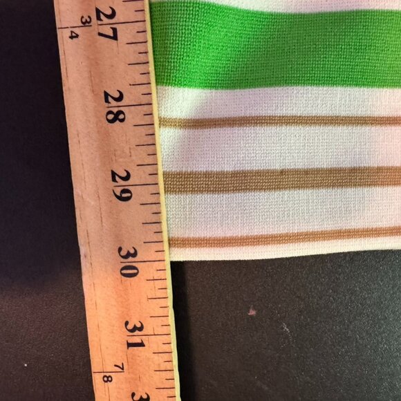 Vintage 70s Sears Women's White Polyester Bell Bottom Pants, Green Stripes - Picture 8 of 9